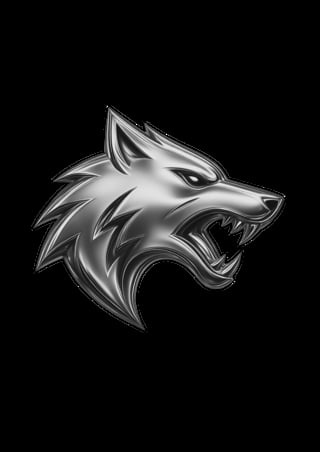 Silver metallic wolf head with open mouth growling, detailed illustration on black background